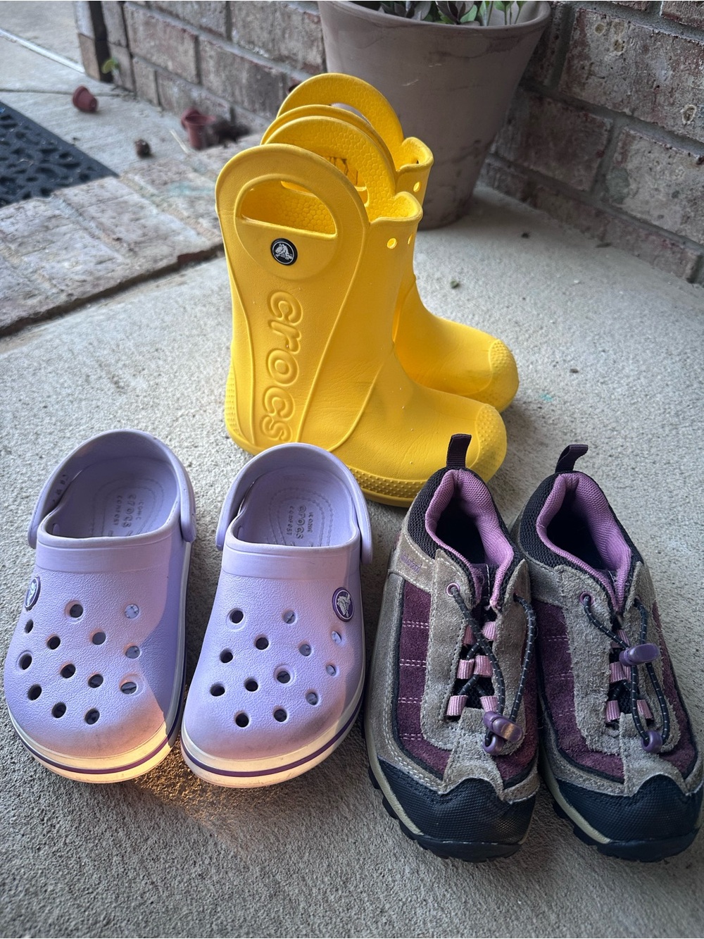 Kids bundle CROCS Handle It Rain boots clogs and timberland hiking shoes size 10